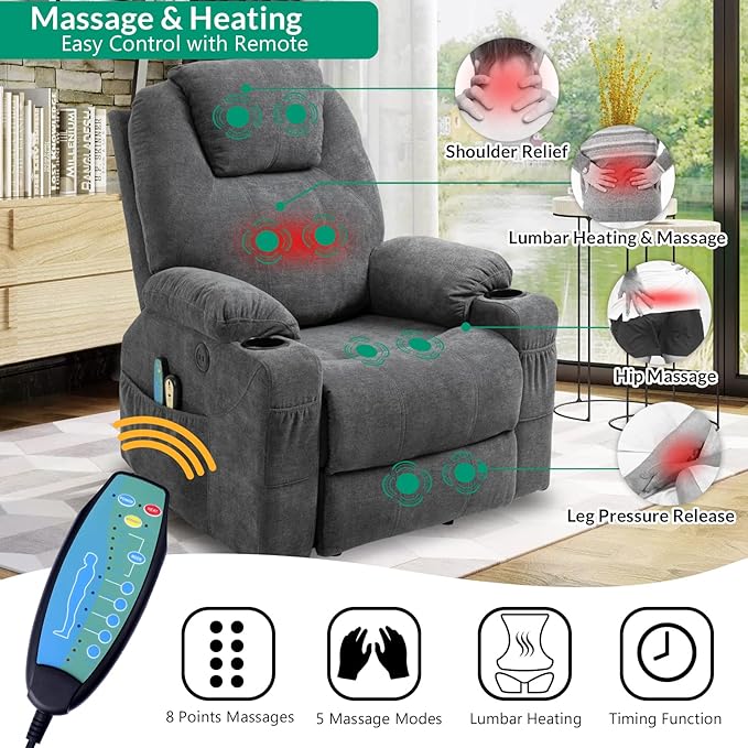 VIVIJASON Power Lift Chair Electric Recliner for Elderly Heated Vibration Massage Fabric Recliner Chair with 2 Remote Controls, Cup Holders, Side Pockets & USB Ports for Living Room (Grey)-Ruum Studio Home