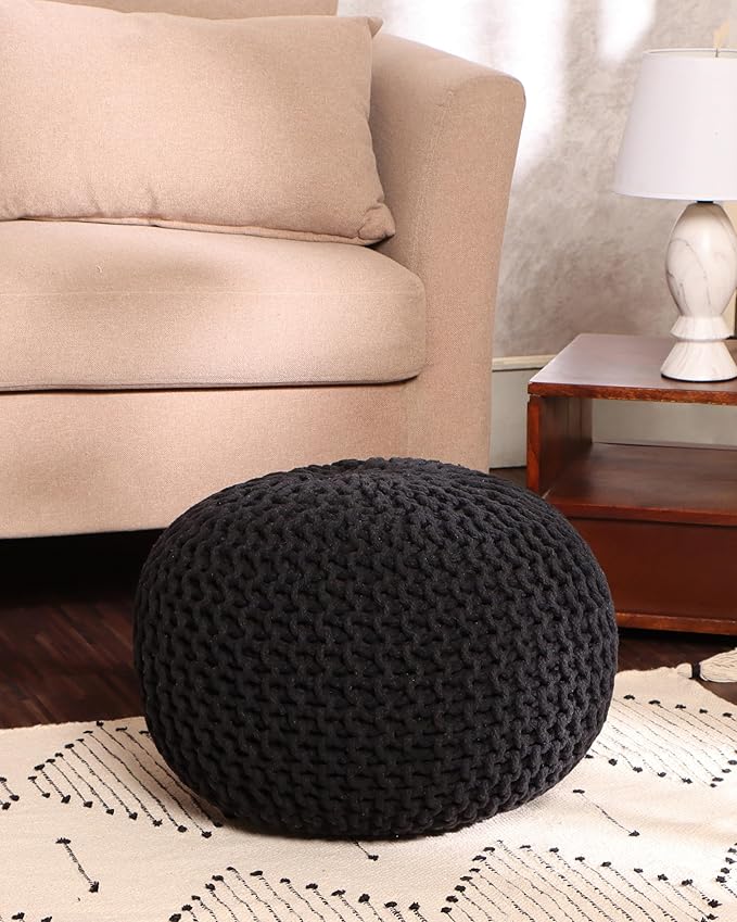 REDEARTH Round Pouf Foot Stool Ottoman - Hand Knitted Bean Bag - Cord Boho Pouffe - Cable Poof Footrest for Living Room - Nursery - Bedroom - Patio - 100% Cotton - Home Decor (19.5"x19.5"x14") - Black-Ruum Studio Home