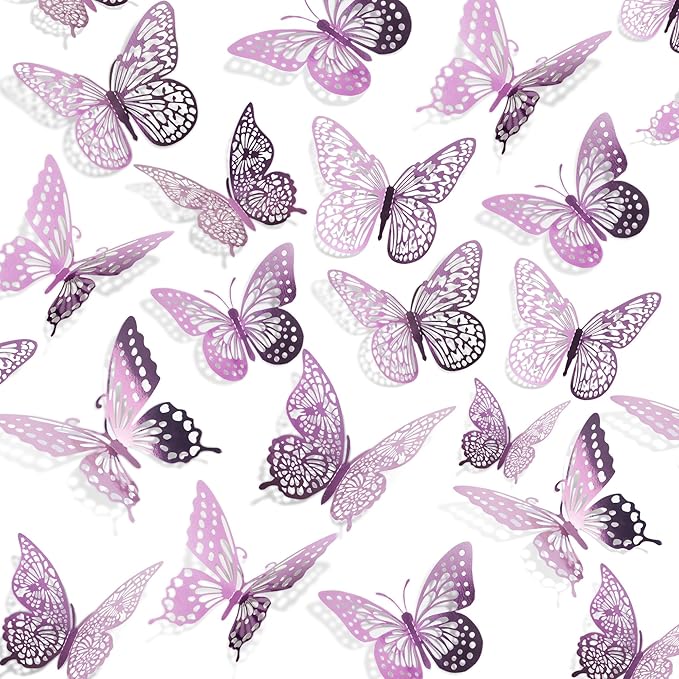 SAOROPEB 3D Butterfly Wall Decor - 48 Pcs, 4 Styles, 3 Sizes, Removable Stickers for Birthday & Party Decorations (Lavender)-Ruum Studio Home