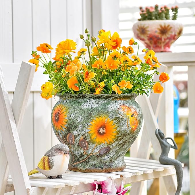Sungmor Ceramic Hand Painted Succulent Flower Pots, 9 Inch Large Pottery Pots for Indoor Outdoor Plants, Decorative Ceramic Vase for Flower Arrangement Home Decor, Vintage Centerpieces Flowerpot-Ruum Studio Home