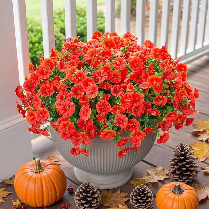 Artificial Fall Flowers Fake Plants for Outdoors Autumn Decoration, 12 Bundles Orange Silk Morning Glory with Eucalyptus Look Real UV Resistant Faux Flowers for Outside Planters Front Door Yard Indoor-Ruum Studio Home