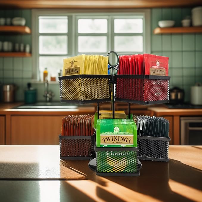 Tea Bag Organizer Coffee Holder Storage Spinning Carousel Basket Black Adjustable Tea Caddy For Kitchen Counter, Countertop, Cabinet-Ruum Studio Home