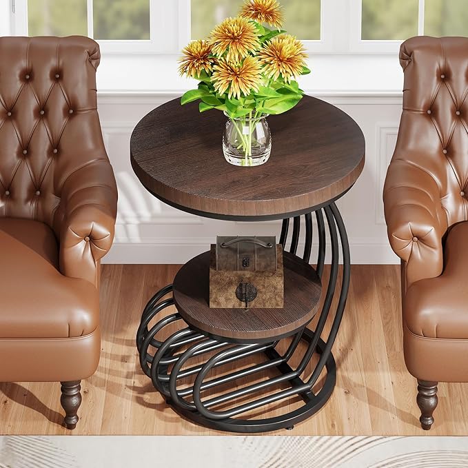 Tribesigns Round End Side Table: 2 Tiers Side Table Set of 2, Vintage End Table for Living Room, Small Bedside Table Accent Table with Arc-Shaped Frame, Rustic Brown-Ruum Studio Home