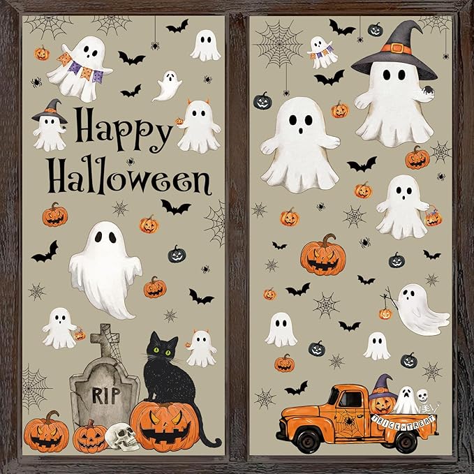 Vintage Halloween Window Clings 6 Sheets, Large Retro Spooky Ghost J-O-Lantern Pumpkin Reusable Window Decals Stickers for Home Halloween Party Decorations Supplies (Ghost)-Ruum Studio Home
