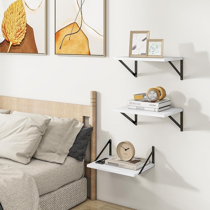 Heimlove Deep Floating Shelves for Wall, 12 Inch Deep Floating Shelves Set of 3, 16W x 12D Wood Wall Shelves, Wide Wood Shelves with Metal Bracket for Living Room, Kitchen, Office, Bedroom - White-Ruum Studio Home