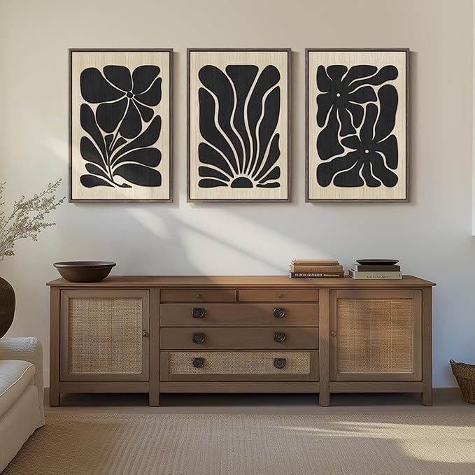 Framed Textured Wood 3D Wall Art for Living Room, Large Boho Floral Black and Beige Artwork for Walls, 3 Piece Abstract Bohemian Flower Wood 3D Art for Office Bedroom Hallway Wall decor, 24x36 Inch-Ruum Studio Home