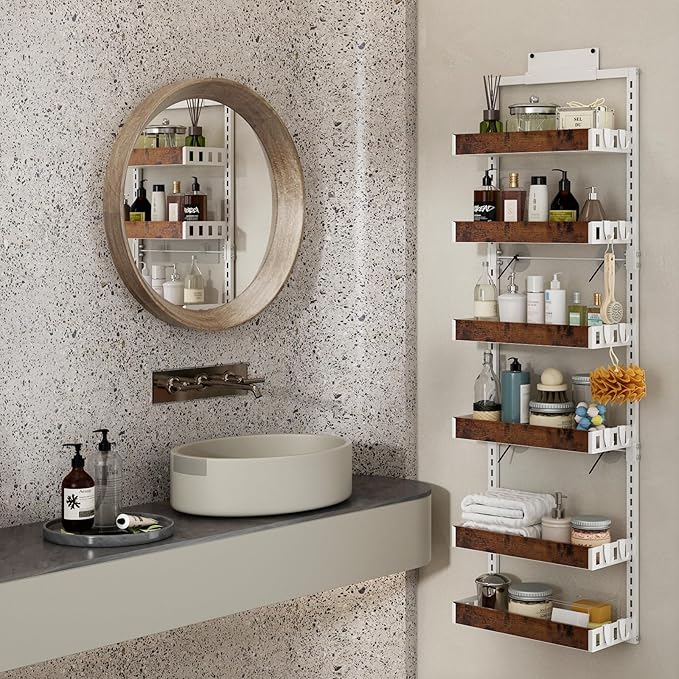 bukfen Over the Door Pantry Organizer, 6-Tier Adjustable Wooden Basket Kitchen Pantry Door Organization and Storage, Heavy-Duty Metal Hanging Kitchen Spice Rack,D6.3 x W17.71 x H50.60 inch,White-Ruum Studio Home