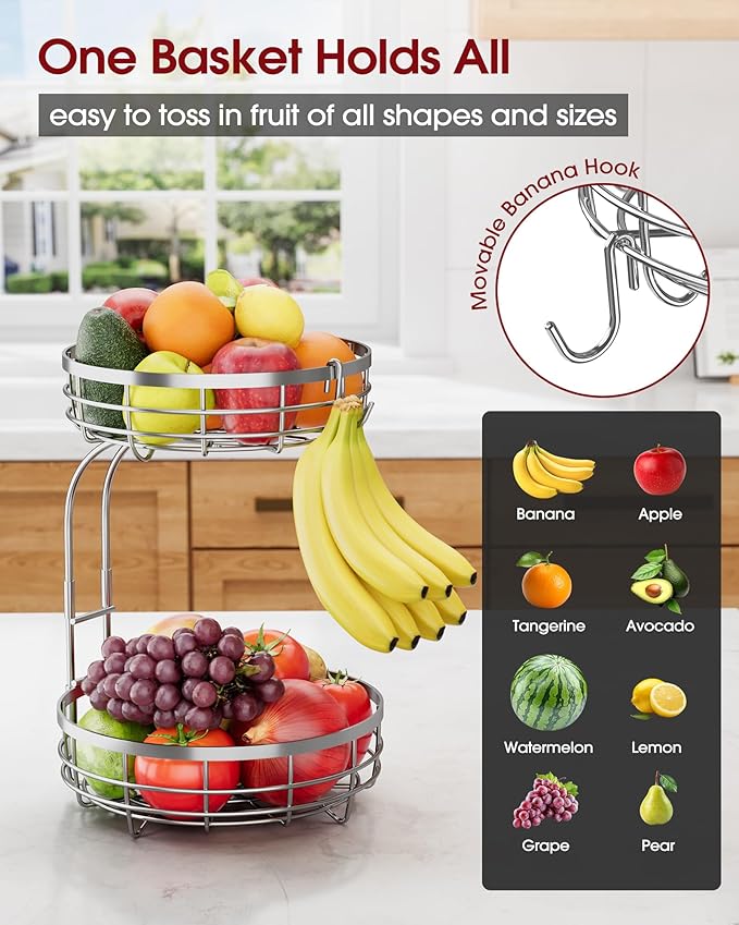 Fruit Basket for Kitchen Counter - 2-Tier Large Capacity Fruit Bowl with Detachable Banana Hanger, Rust-Proof Metal Fruit Holder for Vegetables, Bread, Toiletry,10" D x 10" W x 14" H, Silver.-Ruum Studio Home