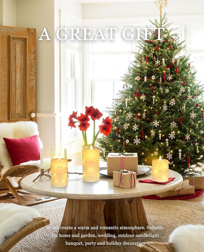 Flameless Candles With Remote, Battery Operated Candles LED Candles with string lights Flickering Candles with Timer, 4‘’ 5‘’ 6‘’ Candle For Seasonal and Festival Celebration’s Candles set of 3-Ruum Studio Home