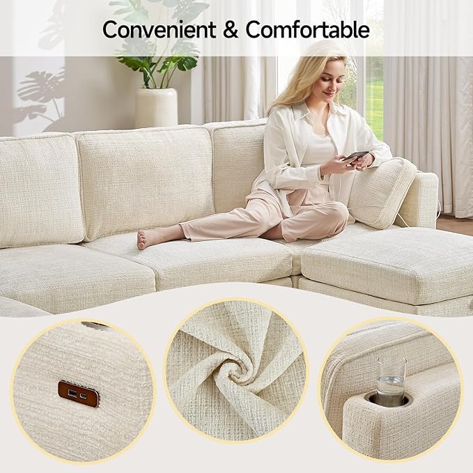 110" Modular Sectional Sofa, Convertible Sleeper Sofa Couch Bed with Adjustable Backrest, U-Shaped Chenille Cloud Couch with Ottoman Storage, Deep Seat Couches for Living Room,Beige-Ruum Studio Home