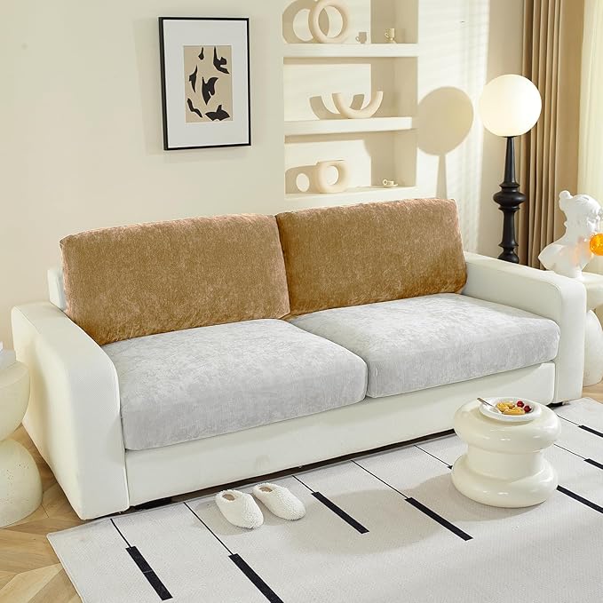 Large Backrest Cushion Covers Super Stretch Backrest Covers for 2 Cushion Couch Sofa, Couch Back Cushion Covers Featuring with Chenille Yarn (Softer Version, 2PC, Khaki)-Ruum Studio Home