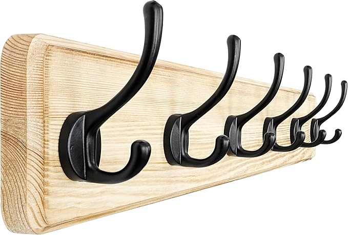 Dseap Coat Rack Wall: 24" Long, Patented, Heavy-Duty, 6-Double-Hooks Wooden Wall Mounted Coat Rack Coat Hanger Hook Rail for Winter Coats Hat Jacket Clothing, Light Brown-Ruum Studio Home