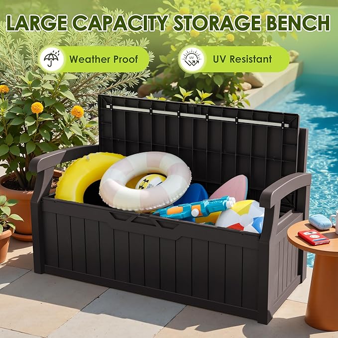 Greesum 80 Gallon Outdoor Storage Bench, Resin Patio Furniture with Armrest,Waterproof and UV-Resistant, Perfect to Garden, Poolside and Lawn, Dark Brown-Ruum Studio Home