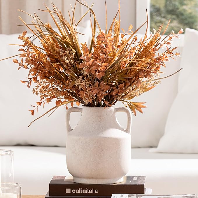 Mitt&Ditt Ceramic Flower Vase with Handles, 8 inch Tall Off-White Vase, Decorative Terracotta Vases, Farmhouse Rustic Pottery Vases for Home Decor, Living Room, Table-Ruum Studio Home