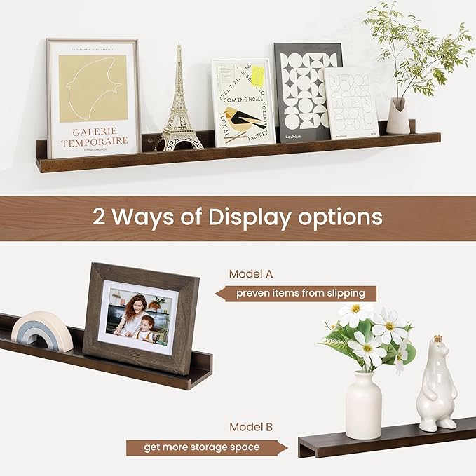 Picture Ledge Shelf, Solid Pine Wood Floating Shelves Set of 2, 32 Inches Nursery Book Shelves for Toys Storage, Kids Bookshelf Wall Mounted for Living Room Bedroom Decor Books Photo Frames, Walnut-Ruum Studio Home