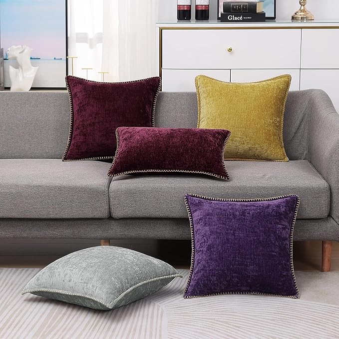 decorUhome Chenille Soft Throw Pillow Covers 12x20 Set of 2, Lumbar Velvet Farmhouse Neutral Decorative Euro Pillow Covers with Stitched Edge for Couch Sofa Bed Home Decor, Rhododendron-Ruum Studio Home