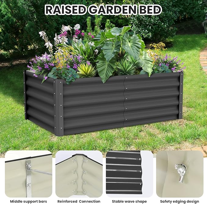 Galvanized Raised Garden Bed Outdoor, 2 Pcs 6x3x1.5FT Outdoor Large Planter Raised Beds Open Base with Safety Edge and Glove for Vegetables Flowers Ground Planter, Dark Grey-Ruum Studio Home