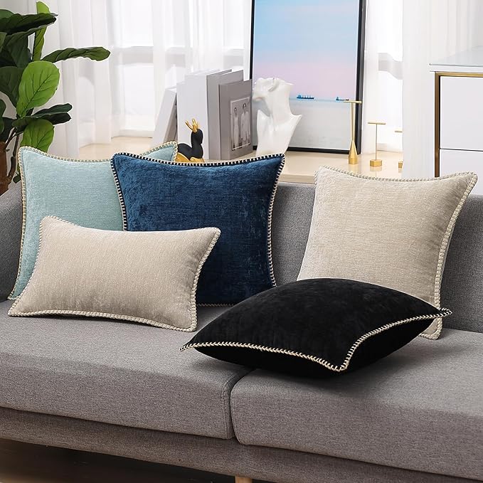 decorUhome Chenille Soft Throw Pillow Covers 12x20 Set of 2, Lumbar Velvet Farmhouse Neutral Decorative Euro Pillow Covers with Stitched Edge for Couch Sofa Bed Home Decor, Black-Ruum Studio Home