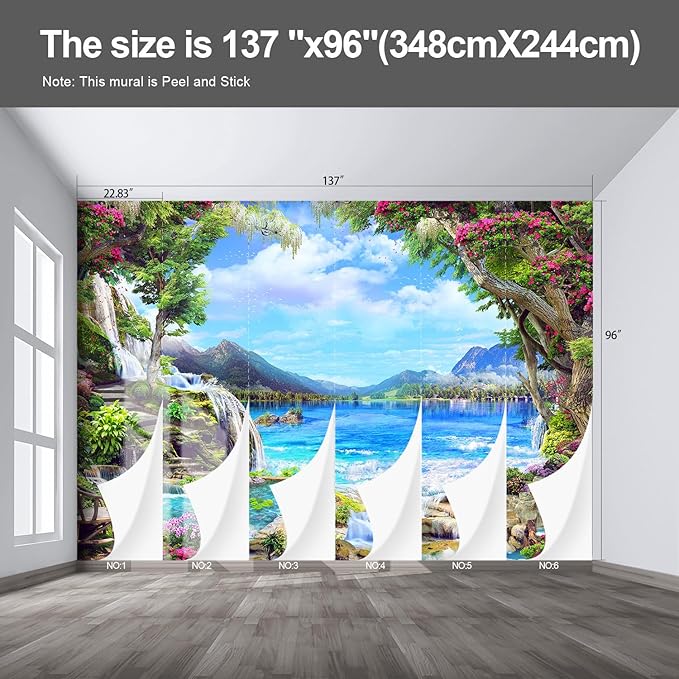 Landscape Lake Waterfall Wall murals Peel and Stick Wallpaper for Bedroom Living Room - 96"x137"-Ruum Studio Home