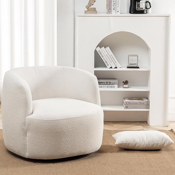 KINWELL 34" Wide Boucle Swivel Barrel Chair, No Assembly Round Upholstered Armchair Accent Chair Single Sofa Chair with Toss Pillow for Living Room and Bedroom, Beige-Ruum Studio Home