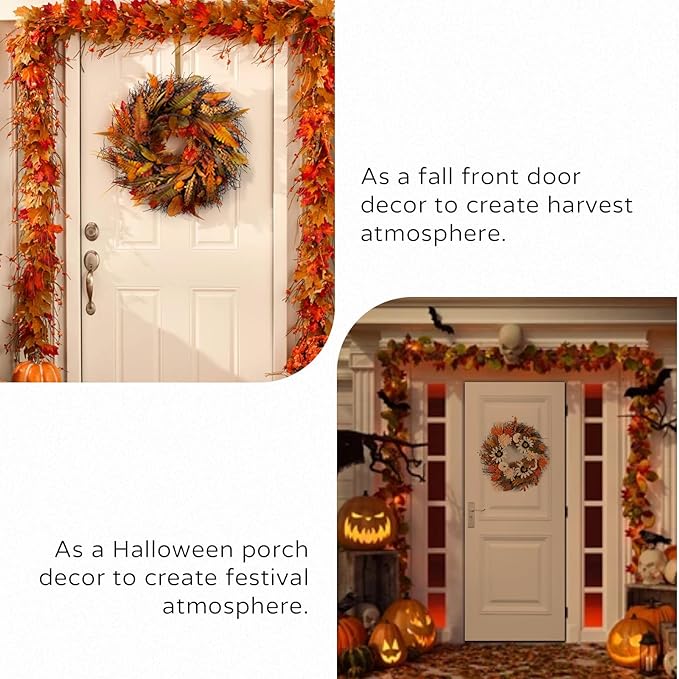 Fall Wreaths for Front Door Decor - Walasis 20 Inch Thanksgiving Wreath with Maple Leaves White Pumpkin Daisy Sunflower Wreath Autumn Harvest Decorations for Table Front Porch-Ruum Studio Home