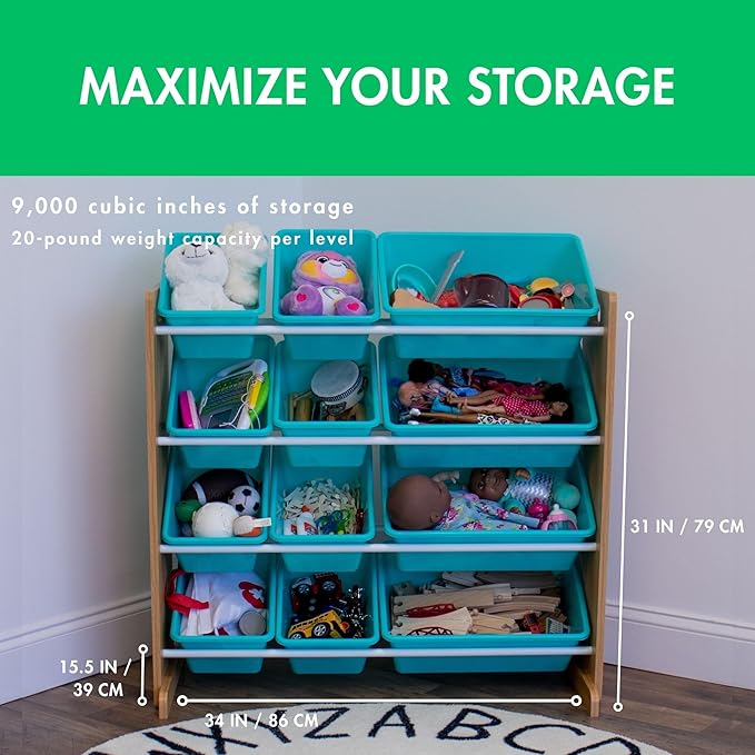 Humble Crew Kids Toy Storage Organizer with 12 Plastic Bins, Natural Wood/Aqua – Removable Bins for Playroom, Bedroom, Toddler Furniture for Boys and Girls Ages-Ruum Studio Home
