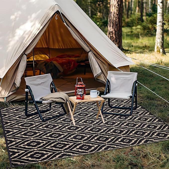 OLANLY Outdoor Rug 9x12 ft Waterproof, Outdoor Plastic Straw Rug with Geometric Pattern Clearance, Reversible RV Mat for Patio, Camping, Balcony, Deck, Backyard, Black & Beige-Ruum Studio Home