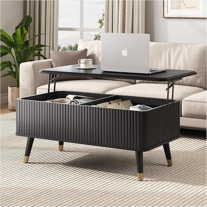 Lift Top Coffee Table with Storage Shelf & Hidden Compartment, Mid Century Modern Fluted Rectangle Dining Table for Living Room, Home Office,Black-Ruum Studio Home
