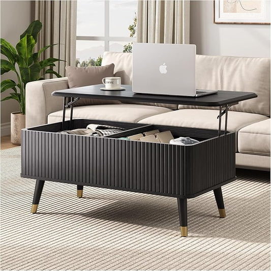 Lift Top Coffee Table with Storage Shelf & Hidden Compartment, Mid Century Modern Fluted Rectangle Dining Table for Living Room, Home Office,Black-Ruum Studio Home