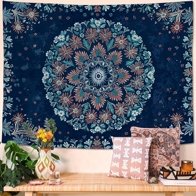 Fowocu Boho Floral Mandala Tapestry Wall Hanging Blue Bohemian Flower Medallion Tapestry Aesthetic Vintage Navy Hippie Indian Small Tapestries for Bedroom Living Room Dorm Decor 60 x 44 Inch-Ruum Studio Home