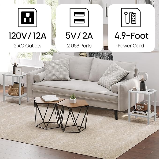 TUTOTAK End Table with Charging Station, Small Side Table with Outlets, Nightstand Bedside Table, 2-Tier Storage Shelf for Small Space, Living Room, Bedroom, Marble White TB01BMW040-Ruum Studio Home