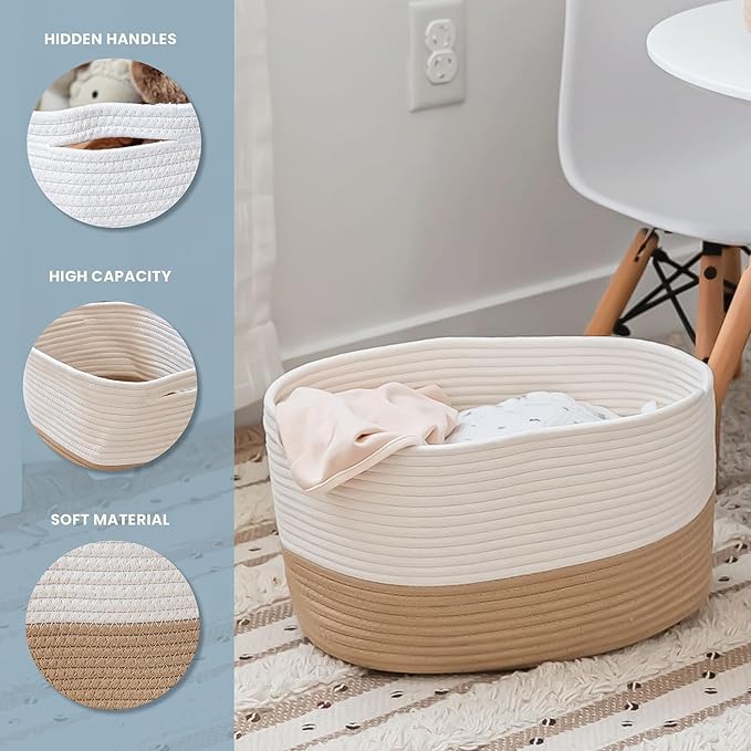 OrganiHaus Woven Storage Baskets for Organizing, Cotton Rope Organizer Bins for Shelves, Closet & Nursery, Dog Toy Basket, Decorative Bins for Toys, Towels & Books - 15x10x9, Honey/Off-White-Ruum Studio Home