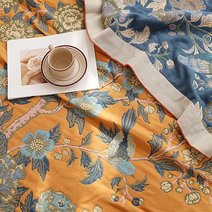 Boho Muslin Blanket for Adults 4-Layer Gauze 80 x 90 Inches Soft Cozy 100% Cotton Summer Cooling Blanket Floral Decor for Sofa Bed Coverlet Both Sides (Flowr Branch Orange, 80 x 90 in)-Ruum Studio Home