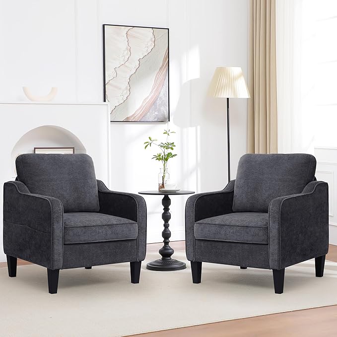 Accent Chairs Set of 2, Upholstered Living Room Chairs with Side Pockets, Mid Century Modern Reading Chair for Bedroom, Comfy Armchair Single Sofa Side Chair for Office, Small Room, Dark Grey-Ruum Studio Home