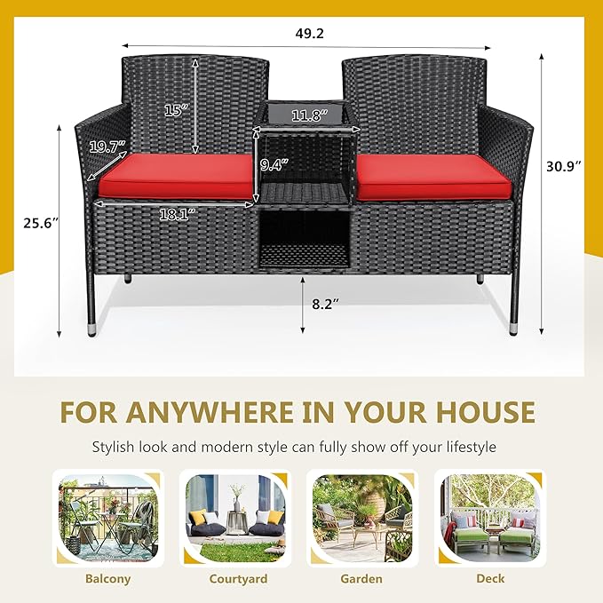 Flamaker Outdoor Furniture Patio Loveseat Wicker 2-Seat with Built-in Table and Cushions Rattan Porch Chairs Bench for Balcony, Lawn, Backyard (Red)-Ruum Studio Home