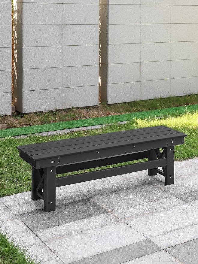 HDPE Outdoor Bench, 55" Patio Bench Outdoor Furniture, Poly Lumber Adirondack Benches, Fade-Resistant HDPE Garden Backless Benches for Park, Poolside, Garden, Porch, Obsidian-Ruum Studio Home