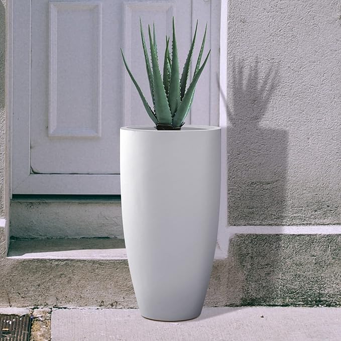 Kante 23.6" H Pure White Finish Concrete Tall Planters Large Outdoor Indoor Decorative Plant Pots with Drainage Hole and Rubber Plug, Modern Tapered Style for Home and Garden-Ruum Studio Home