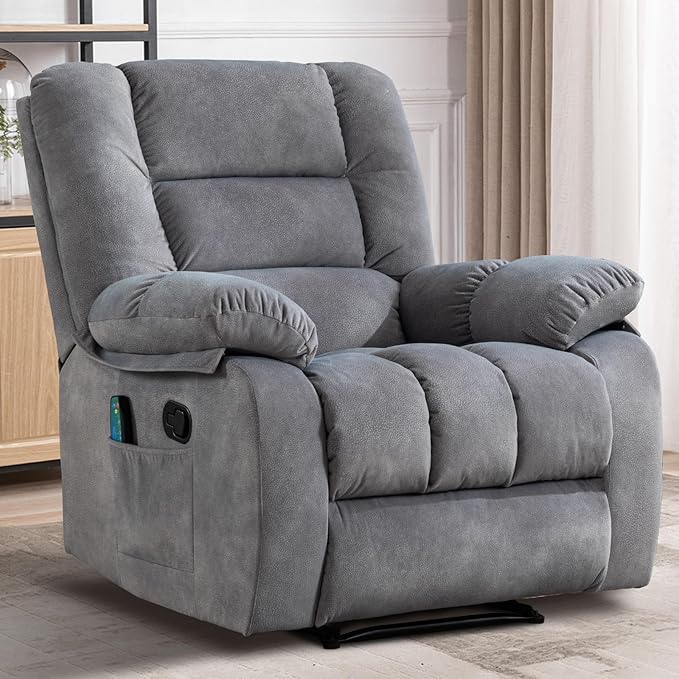 Massage Recliner Chair with Heat and Massage, Soft Fabric Ergonomic Manual Reclining Chairs, Heavy Duty Reclining Sofa Chair with Side Pockets for Living Room (Light Grey)-Ruum Studio Home