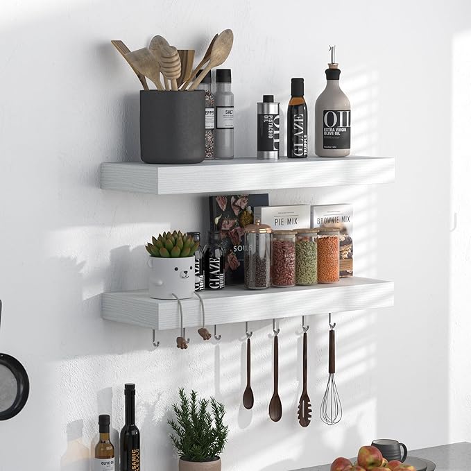 Fun Memories Floating Shelves - 16 Inch Rustic White Wall Shelf - Wall Mounted Shelves for Wall Decor Storage - Wooden Shelves with Invisible Brackets for Living Room, Bedroom, Kitchen, 2 Pack-Ruum Studio Home