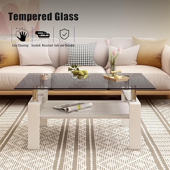 Glass Coffee Table Rectangle Living Room Center Table, with Gray Tempered Glass Tabletop and White MDF Layer,for Living Room and Office, Gray+White-Ruum Studio Home