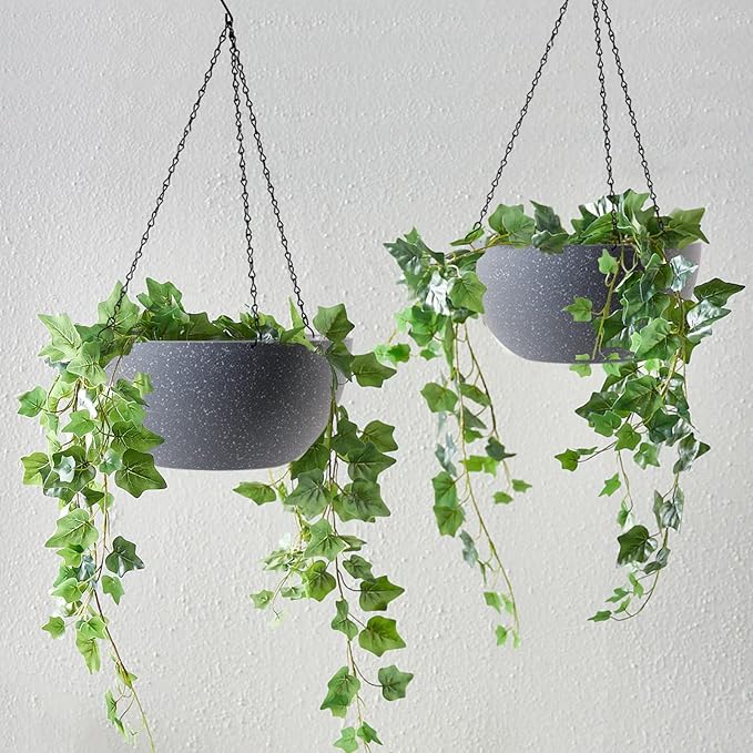 WOUSIWER 13 inch 2 Pack Large Hanging Planters for Indoor Outdoor Plants with Drainage Holes and Chain, Round Hanging Flower Pots for Garden Home Porch Decor, Grey Speckles-Ruum Studio Home