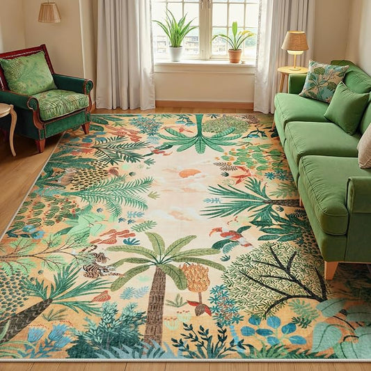 LIVEBOX Boho Jungle Animal Print 5 x 7 Area Rugs for Living Room, Soft Yellow Rug for Bedroom, Non-Slip Machine Washable Rugs for Dining Room Office, Kids Rugs for Playroom Sun Rug for Nursery Room-Ruum Studio Home