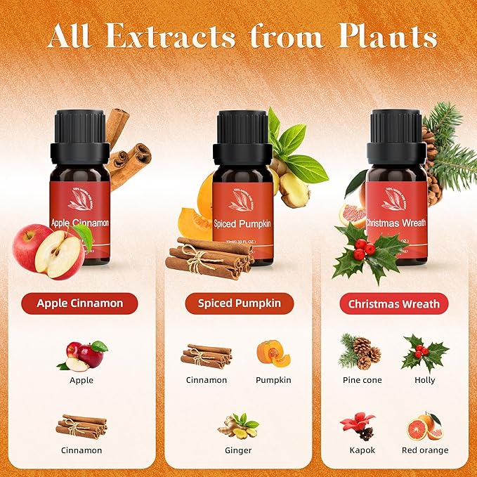 ASAKUKI Essential Oils for Diffusers for Home, Fragrance Oil for Candle Making, Peppermint, Vanilla Cupcake, Sparkling Cinnamon, Spiced Pumpkin, Christmas Wreath and Apple Cinnamon 6 x 10 ml-Ruum Studio Home