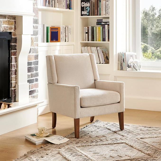 COLAMY Modern Wingback Living Room Chair, Upholstered Fabric Accent Armchair, Single Sofa Chair with Lounge Seat and Wood Legs for Office/Bedroom/Reading Spaces, Beige-Ruum Studio Home