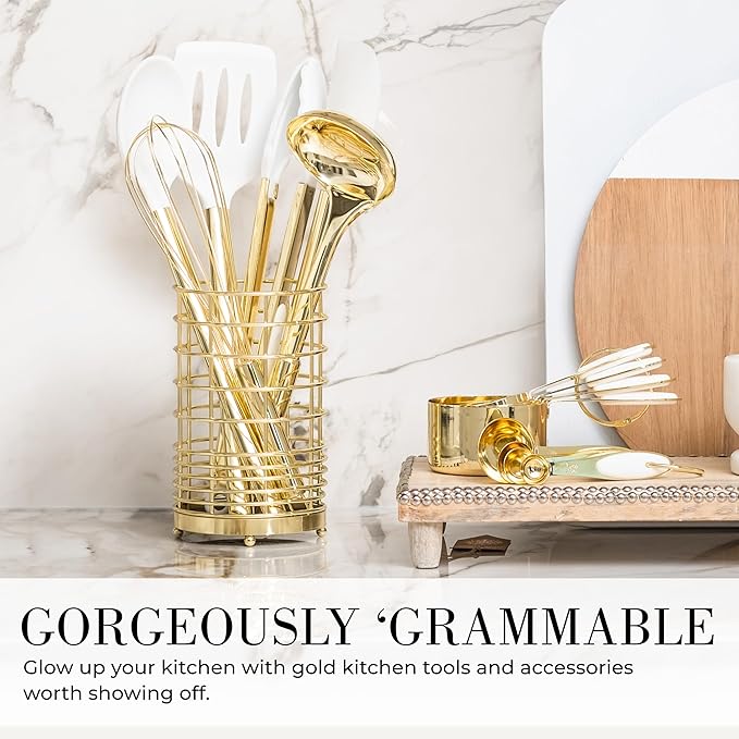 White Silicone and Gold Cooking Utensils Set with Gold Utensil Holder - 7-Piece Silicone Cooking Tools - Ideal for Nonstick Cookware and Stylish Modern Kitchens - Luxury Kitchen Accessories-Ruum Studio Home