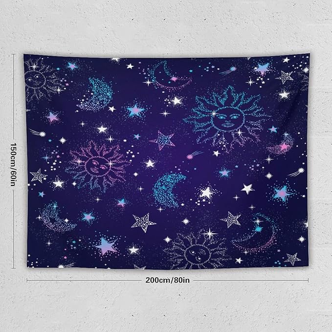 HZOHNAGO Boho Sun Moon Tapestry Purple Blue Sun Stars Galaxy Pattern Printed Wall Tapestry Wall Hanging for Bedroom Living Room Dorm 80" W x 60" H-Ruum Studio Home