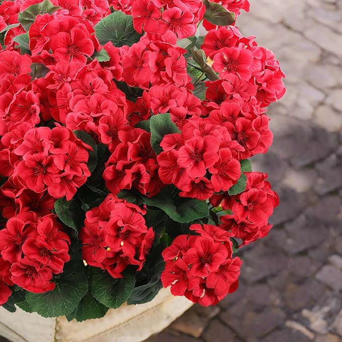 Hananona 12 Bundles Artificial Geranium Flowers for Outdoors Silk Geranium Flowers Outdoor UV Resistant Garden Plants Faux Flower for Home Kitchen Table Centerpieces Decor (12, Red)-Ruum Studio Home