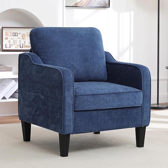 Accent Chair for Living Room, Mid Century Modern Reading Chair for Bedroom, Upholstered Armchair with Side Pockets, Comfy Single Sofa Side Chair for Office, Apartment, Small Room, Blue-Ruum Studio Home