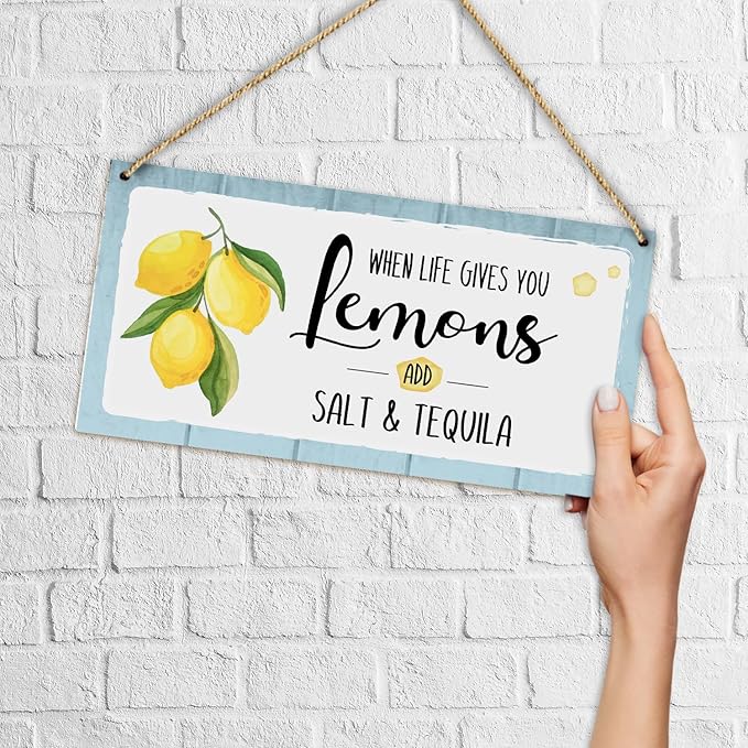 When Life Gives You Lemons Add Salt & Tequila Wooden Hanging Sign Plaque, Lemon Wall Decor Sign With Inspirational Quotes, Rustic Wood Sign Wall Art for Home Living Dining Room Farmhouse Kitchen - A26-Ruum Studio Home