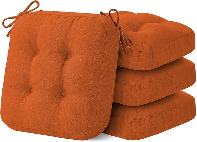 Chair Cushions for Dining Chairs, Dining Chair Cushions, Tufted Indoor Chair Pads with Ties & Non Slip Backing, Seat Cushions for Kitchen Chairs 16.5” x 16.5” x 3.5”, Set of 4, Orange-Ruum Studio Home